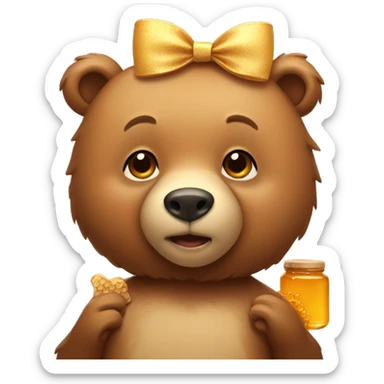cute brown bear, beige bow on head, holding honey sticker