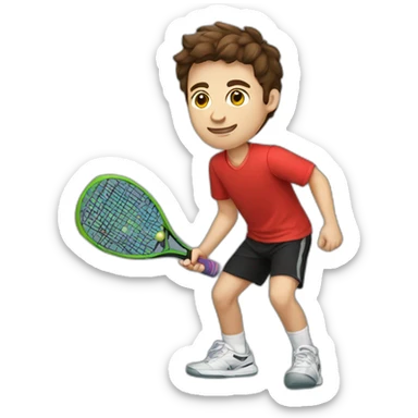 Young guy with brown hair playing pickleball full body red shirt black shorts  sticker