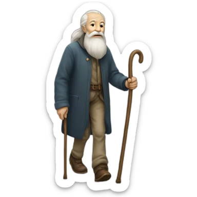 very old man with long beard and cane walking sticker