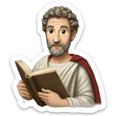 marco aurelius with a book and a quote sticker