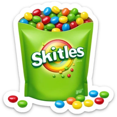 Torn open Skittles package with green candies visible inside, minimalist style with simple rainbow colors. sticker