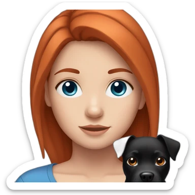 teenage girl, red hair, blue eyes with pet black staffy sticker