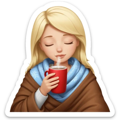 blonde girl eyes closed long eyelashes under a blanket drinking hot chocolate sticker