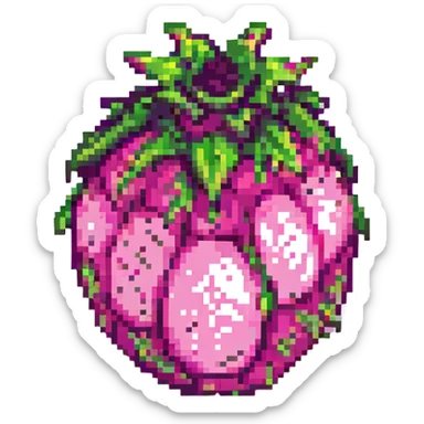 A dragon fruit in a pixel art style, with a focus on its distinct shape and colorful appearance sticker