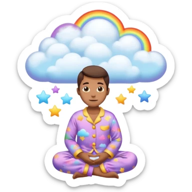 person in pajamas, magical multicolored cloud of dreams floating above sticker