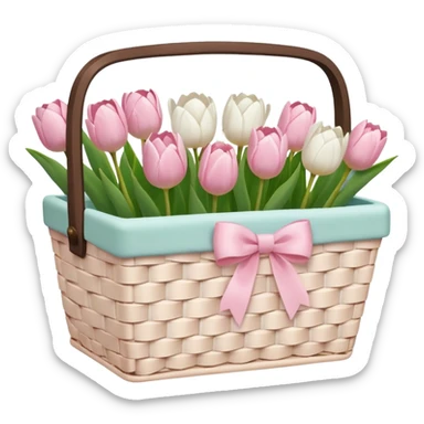 A white Picnic basket with light pink bow, white peonie, tulips sticker