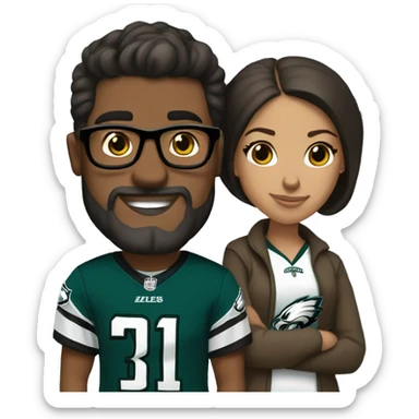Brown guy and brown girl with glasses and hair in a bun in Philadelphia eagles clothes holding hands sticker