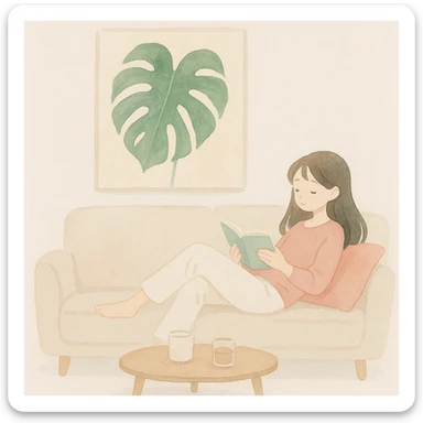 soft watercolor illustration of a cozy living room with a large striking monstera leaf artwork on the wall, a woman lying on a light gray or beige sofa with pink throw pillows reading a book, small round coffee table with drinks or items, calm neutral color palette accented by bold green botanical artwork, pastel colors, delicate linework, gentle whimsical mood, anime-inspired features, minimal soft shading, minimalist modern style sticker