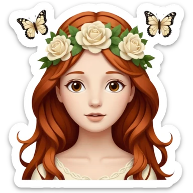 Woman with long flowing auburn hair wearing a flower crown with white and cream colored roses and butterflies in it sticker