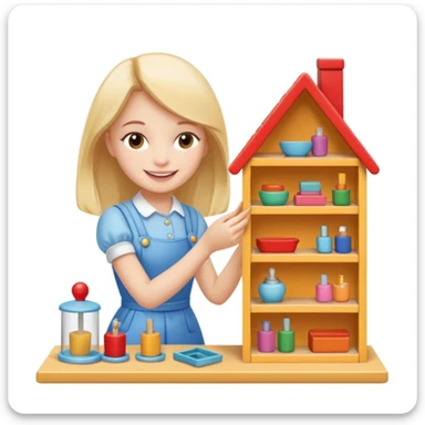 smiling girl arranging furniture in doll house sticker