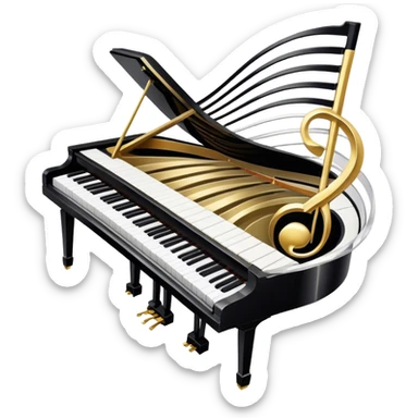 Create an elegant and festive emoji collage representing keyboard instruments, styled like a heraldic emblem. The design should feature a central focal point of black and white piano keys, arranged in a semi-circular or shield-like shape. Around the piano keys, add intertwining musical notes that form flowing ribbons, creating a dynamic and celebratory atmosphere. The design should be professional, with polished silver and gold accents on the keys and notes, highlighting the luxury and sophistication of the instruments. Add subtle shading and lighting effects to give the design a refined, 3D appearance. The background should remain transparent, and the overall feel should evoke grandeur, artistry, and a sense of celebration. sticker