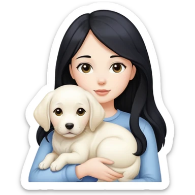 A beautiful girl with long black hair and fair skin is holding a white Labrador sticker