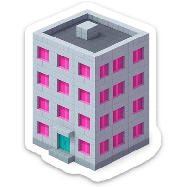 Russian panel apartment building, square block, light gray, large pink windows, isometric view sticker
