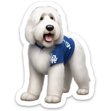 Old English Sheepdog full height wearing a Los Angeles dodgers jersey sticker