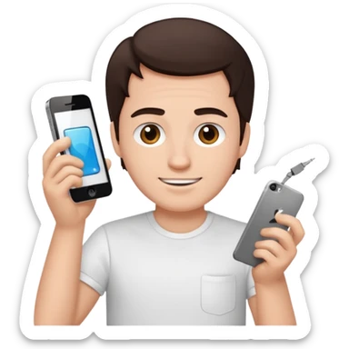 make a white guy with dark brown hair, with a simple white o grey shirt, repairing an iphone, un tecnico happy sticker