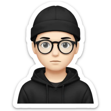 teenage boy (black hair, white skin, black eyes) wearing black glasses (nerd) and hide all his hair under a cap. wearing normal hoodie sticker