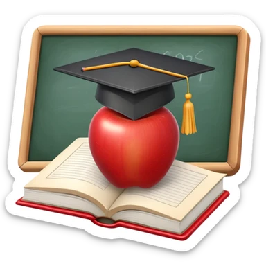 An icon featuring an open book, a chalkboard with lesson plans, and a pencil, symbolizing education and pedagogy. The design includes an apple and a graduation cap, representing teaching and learning. Transparent background highlights the growth and development in education. sticker
