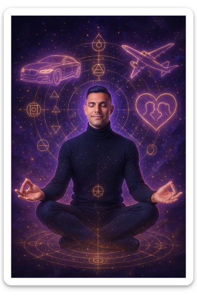 "Un uomo in meditazione fluttuante nello spazio cosmico, circondato da particelle dorate e simboli alchemici. Intorno a lui, oggetti e situazioni dei suoi desideri (auto, viaggi, amore) si materializzano come ologrammi luminosi. Stile cyber-mistico, colori viola e oro." sticker