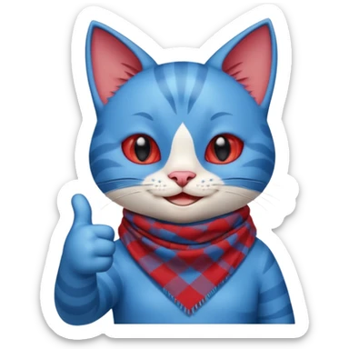 A Cute Blue Cat smiling and giving thumbs up, wearing red Checkered Triangle scarf sticker