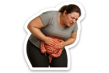 DONNA LEGGERMENTE SOVRAPPESO PIEGATA IN AVANTI CON INTESTINO ANATOMICO IN EVIDENZA, MAL DI PANCIA iperrealistico 4k sticker