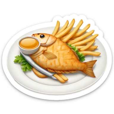 fish fillet and French fries on a dish, simple sticker
