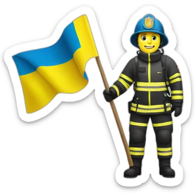 Ukrainian firefighter with the flag of Ukraine puts out the fire sticker