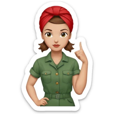 Rosie the riveter with a strong arm pose, green coveralls, lightskin with brown eyes, brown hair, classic headscarf solid red sticker