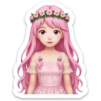 pastel anime woman with pink and white lace dress full body and long hair with flower crown sticker