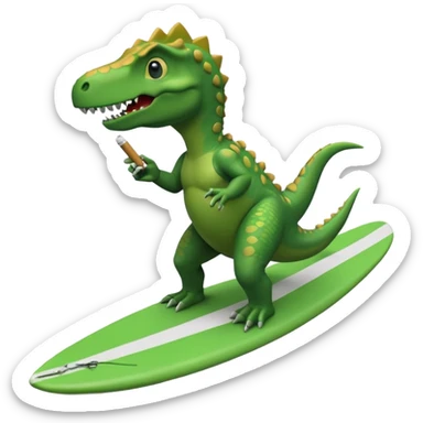 Dinosaur surfboarding holding a cigarette sticker