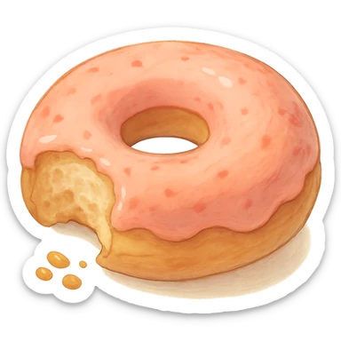 A bitten donut in Ghibli style, detailed, soft pink colors, with no background sticker