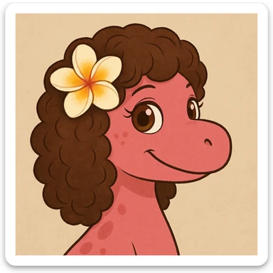 pink dinosaur with brown curly hair, a Hawaiian flower in her hair, and brown eyes sticker