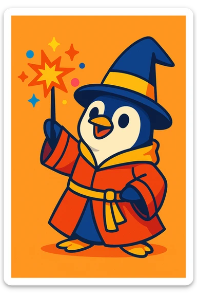 cute penguin wizard casting a spell, wearing a robe and holding a wand, colorful cartoon style, vibrant toon illustration sticker