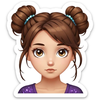 girl with long brown hair with messy bun, chaotic sparkle eyes sticker