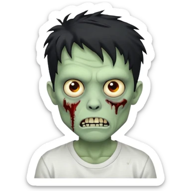 Rosto de frente classico de zombie boca meio torta cabelos medios pretos bagunçados low fade com pele verde clara camiseta branca sticker