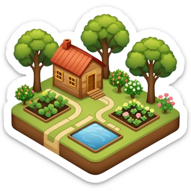 An icon featuring a local map, symbolizing local gardening. The design includes a different trees, and 1 tiny wooden house, shrubs, beds. Transparent background sticker