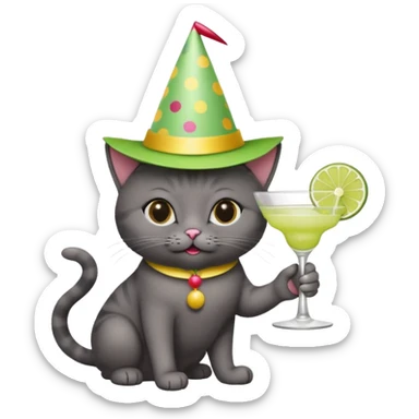 A dark grey cat is wearing a party hat, and drinking a margarita. sticker