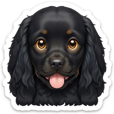 Cinematic Cute Black Cocker Spaniel Portrait Emoji, Head tilted playfully and inquisitively, featuring a glossy black coat with delicate tan accents, round, sparkling dark eyes brimming with curiosity, Simplified yet irresistibly adorable features, highly detailed, glowing with a warm, friendly glow, high shine, affectionate and lively, stylized with a touch of whimsy, bright and endearing, soft glowing outline, capturing the essence of a mischievous yet loving pup, so playful it feels like it could bound out of the screen and into your arms! sticker