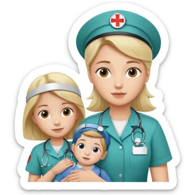 A young medic (woman) attending to a child patient at the local hospital sticker