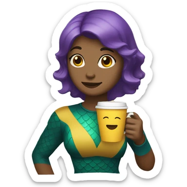 mermaid with short bob haircut, brown hair, holding a cup of coffee in a yellow package and with a purple tail sticker