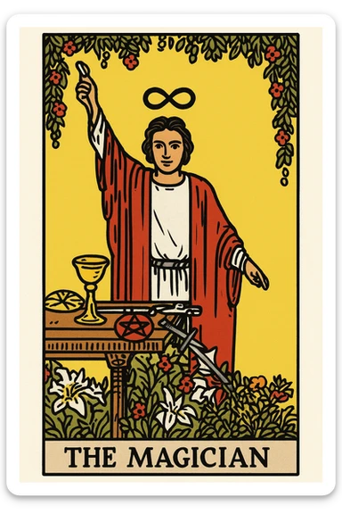 The Magician tarot card emoji in Rider Waite Smith style, confident magician with infinity symbol above his head, traditional tarot card colors and details, white background sticker