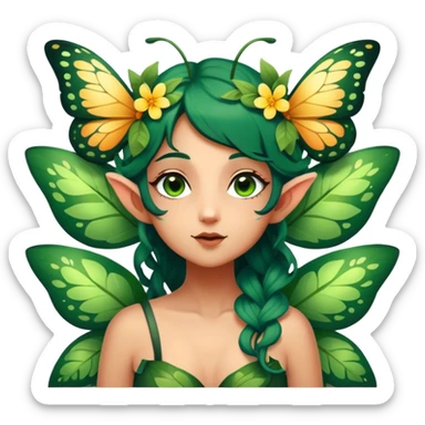 Cinematic Realistic Forest Fairy Portrait, head tilted playfully and inquisitively, showcasing a nature-inspired form with intricately detailed, sunlit tanned skin and cascading dark green hair interlaced with leaves and blossoms showing her large butterfly wings from her back. Her bright, curious eyes sparkle with forest mischief, rendered with lifelike clarity and warm, dappled lighting that captures the spirit of an enchanting woodland fairy ready to dance among the trees. sticker