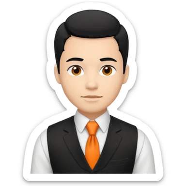 groom in white vest, orange tie, black hair sticker