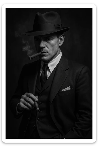 gangster character, 1920s mafia suit, fedora hat, cigar sticker