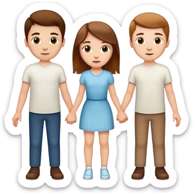 A white girl and two white boys holding hands all with brown hair sticker