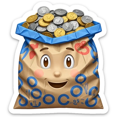 brown bag of blue coins sticker