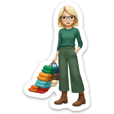 Fille blonde, pantalon ample vert foncé. Lunettes ronde fine. Bottines marrons. Elle pousse une cargaison de chaussettes  sticker