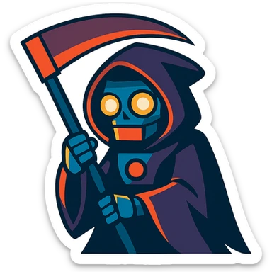 vibrant toon style AI robot as the Grim Reaper with dramatic lighting, glowing eyes, holding a scythe sticker