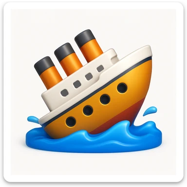 A 3D emoji in iOS emoji aesthetic style of a sinking ship, half-submerged in blue ocean water, tilted downward with small waves around, soft lighting and glossy Apple-style finish, clean white background.


 sticker