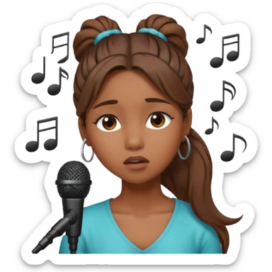 Brown skin girl with a long ponytail singing into a microphone looking sad with music notes coming out sticker