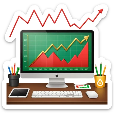 Mach mir einen schreibtisch mit einem bildschirm drauf wo mann einen Chart sieht von Gold sticker
